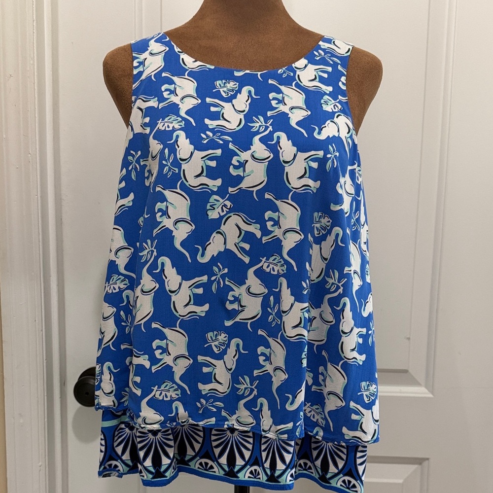 crown & ivy Blue&White Elephant Printed Sleeveless Tank with Geometric Border